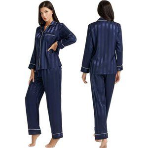 Silk Satin Womens Pajama Sets Navy Striped